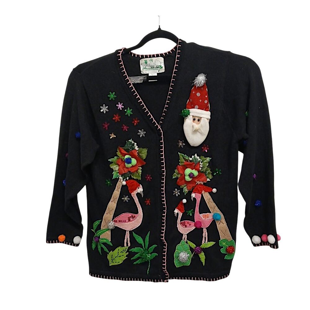 Very Special The Quacker Factory Sweater Sz L Santa Flamingos Palm Trees Bling